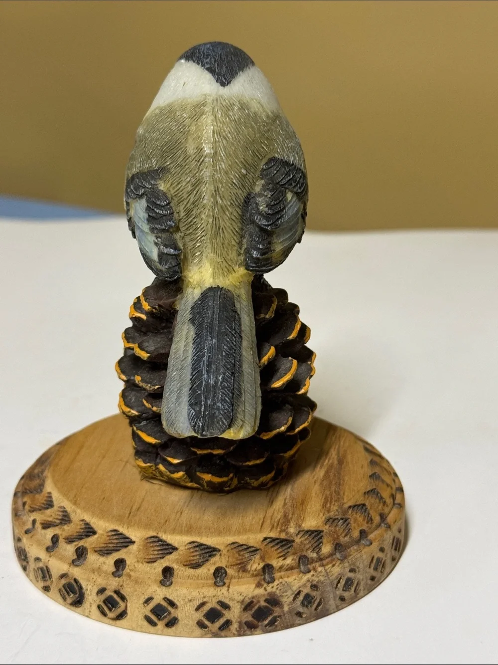 Carved Bird on Wood Platform Black-Capped Chickadee/Bird Signed Kenny Graves 5”